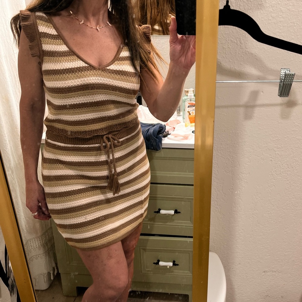 NWOT Striped Knit Top and Skirt in Brown and Cream